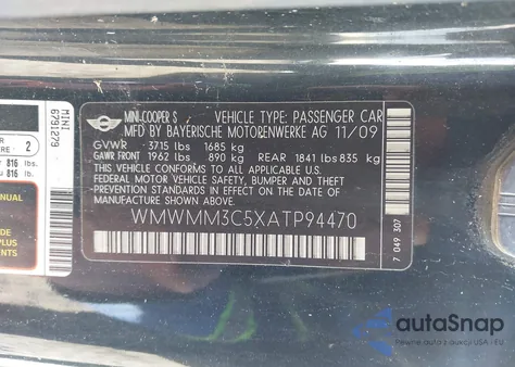 2010 Mini Cooper S Clubman z USA, uszkodzony, nr VIN WMWMM3C5XATP94470